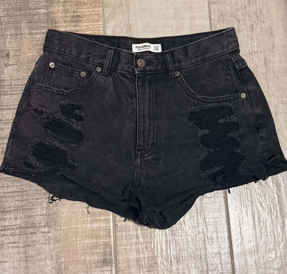 Pull&Bear High Waisted Ripped Denim Shorts in Washed Black